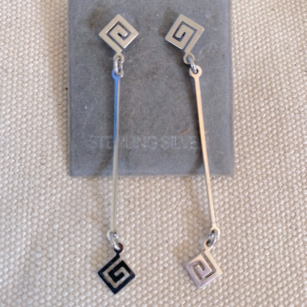 Sterling Silver Greek Key Dangling Post Earrings